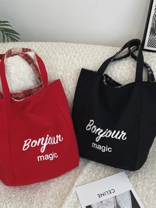 Fashionable nylon tote bag with Bonjour magic print and plaid fleece lining in red and black