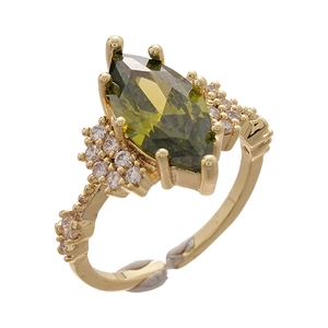 14K gold plated oval green emerald ring with marquise cut stone and small diamonds