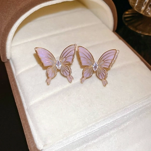 Purple Butterfly Stud Earrings With Silver Earring Post Copper Zircon Enamel Wings Elegant Jewelry For Women