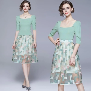 Women Knitted Square Neck Top And Geometric Embroidery Mesh Midi Skirt Elegant Office Lady Fashion Outfit