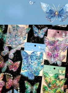 Detail of dreamlike butterfly PVC stickers with gold foil stamping and laser finish