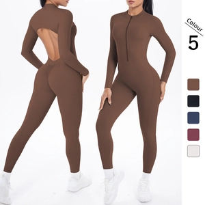 Women Long Sleeve Yoga Jumpsuit Nylon Spandex Backless Cut Out Front Zip Scrunch Butt Gym Fitness Unitard Slim Fit