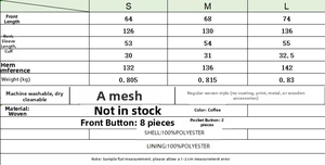 Detailed size chart and material specifications for short wool coat in coffee brown