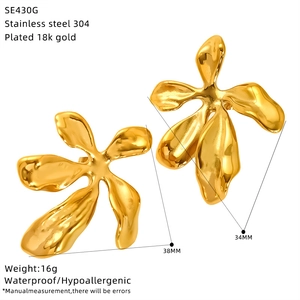 Detail view of 18k gold plated stainless steel abstract flower earrings with size specs