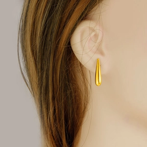 Elegant 304 stainless steel teardrop stud earrings in gold finish worn on the ear