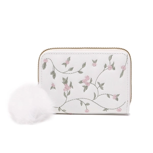 White short zipper wallet with floral embroidery and fluffy pom pom charm for women