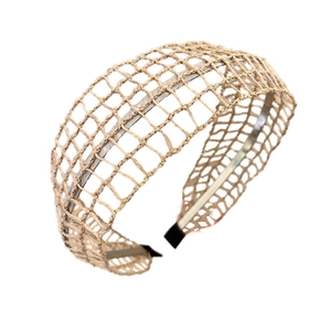 Elegant beige woven mesh headband with comfortable protective black rubber end tips