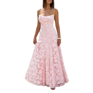 Pink floral print maxi slip dress with slim fit and elegant lace chiffon texture