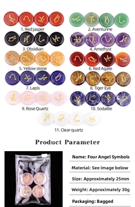 Macro detail of natural agate stones with gold engraved Four Archangel symbols