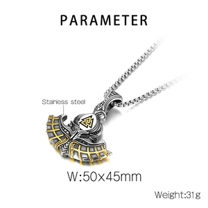 Detail view showing Viking axe pendant with Valknut symbol and 50x45mm dimensions