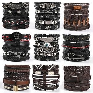 Multilayer braided leather bracelet set for men featuring skull and metal charms