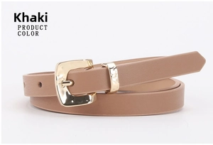 Close-up of khaki leather thin belt with litchi texture and gold square metal buckle