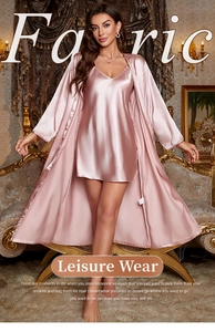 Detailed view of luxury silk satin robe and V-neck slip nightgown in pearl pink
