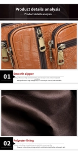 Detail view of brown crocodile texture leather bag with vintage gold metal zippers and lining