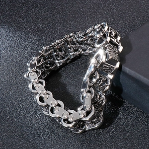 Rugged stainless steel dragon bike chain bracelet for men in polished silver punk style