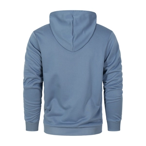 Detail view of blue hoodie back showing ribbed cuffs and high-quality French terry fabric