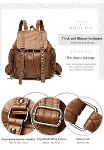 Detail view of large brown backpack with silver rivets and durable hardware