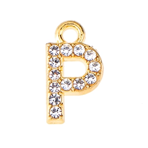 Close-up of a gold-plated letter P pendant with sparkling crystal rhinestones