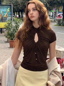 T-shirt Sexy Femme Coupe Ajustée Manches Courtes Polyester Spandex Poitrine Évidée Cordon De Serrage Froncé Col Montant Top