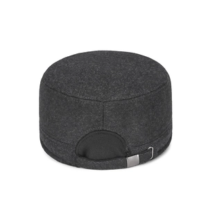 Winter wool cadet cap in dark grey with adjustable silver metal buckle on white background