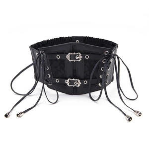 Detailed view of black lace and PU leather corset belt with vintage metal buckles and laces