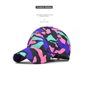 Detail view of pink and purple camo baseball cap with structured panels and curved brim