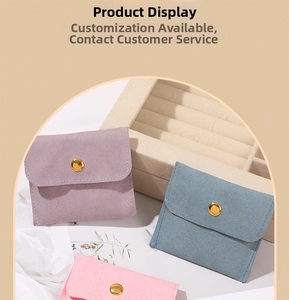 Detailed view of microfiber jewelry pouches with snap closure in three soft colors