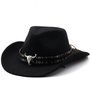 Classic black wool felt western cowboy hat with ethnic braided band and metal bull skull