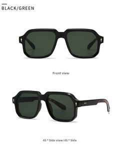 Front and 45 degree side view of black square sunglasses with green lenses and gold studs