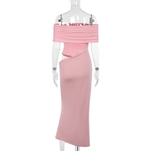 Back view of a pink bodycon dress featuring elegant waist cutout and off-shoulder style