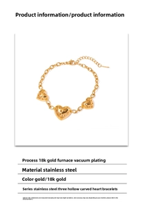 Detailed view of 18K gold plated stainless steel bracelet with hollow heart charms