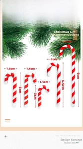 Detailed size chart showing red and white striped Christmas candy cane ornaments from 3cm to 9cm