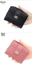 Quilted leather short wallets in black and rose red with gold metal ring buckle