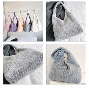 Close-up of plush tote bag featuring ribbed faux fur texture in various colors
