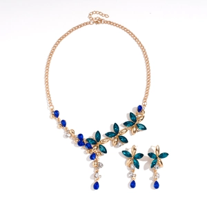 Parure de bijoux vintage avec collier à fleurs en cristal bleu et boucles d'oreilles