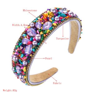 Detail of colorful stone and crystal headband with 4cm width and 83g weight specs