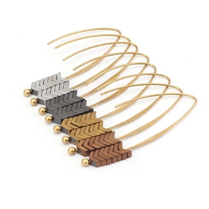 Minimalist V-shaped arrow drop earrings in four metallic finishes shown from side view