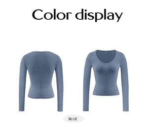 Vista dettagliata fronte e retro di una maglia blu a maniche lunghe con scollo a V slim
