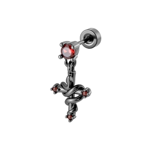 Gothic black metal cross earring with snake wrap and vibrant red zircon stones