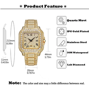 Detailed specs of luxury square quartz watch with full diamonds and roman numerals