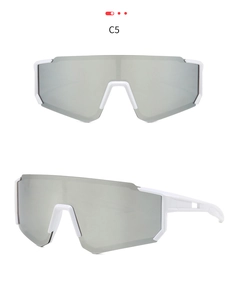 Front and profile views of white sports sunglasses with silver mirrored lenses model C5