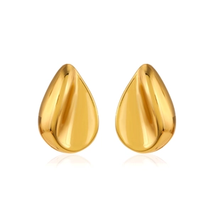 Polished gold teardrop earrings in a minimalist 3D design on a white background