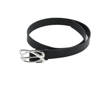Minimalist black leather belt for women featuring a unique silver overlapping buckle design