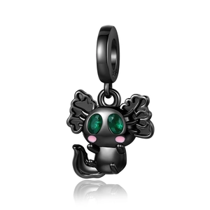 Detailed view of black axolotl charm with green crystal eyes and S925 silver hallmark