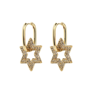 Boucles d'oreilles créoles dorées avec pendentifs étoiles hexagonales et pierres