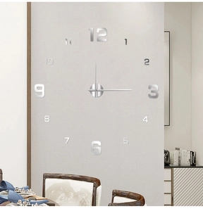 Detail of silver mirror DIY acrylic wall clock with numeric dial in a modern dining room