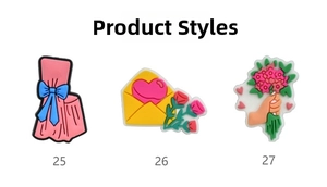 Three-piece wedding collection PVC shoe charms featuring pink gift boxes and red roses