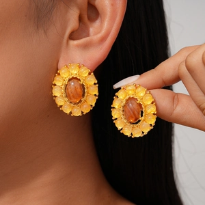 Pendientes De Botón Vintage Aleación Ovalado Ágata Vidrio Girasol Estilo Retro Moda Mujer Con Poste De Plata