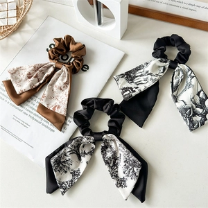 Women Satin Ribbon Bow Scrunchies Hair Ties Vintage Toile De Jouy Print Neo Chinese Satin Like Elastic Ponytail Holder