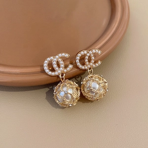 Elegant Faux Artificial Pearl Dangle Earrings Alloy Hollow Ball Rhinestone Vintage Women 925 Sterling Silver Earring Post